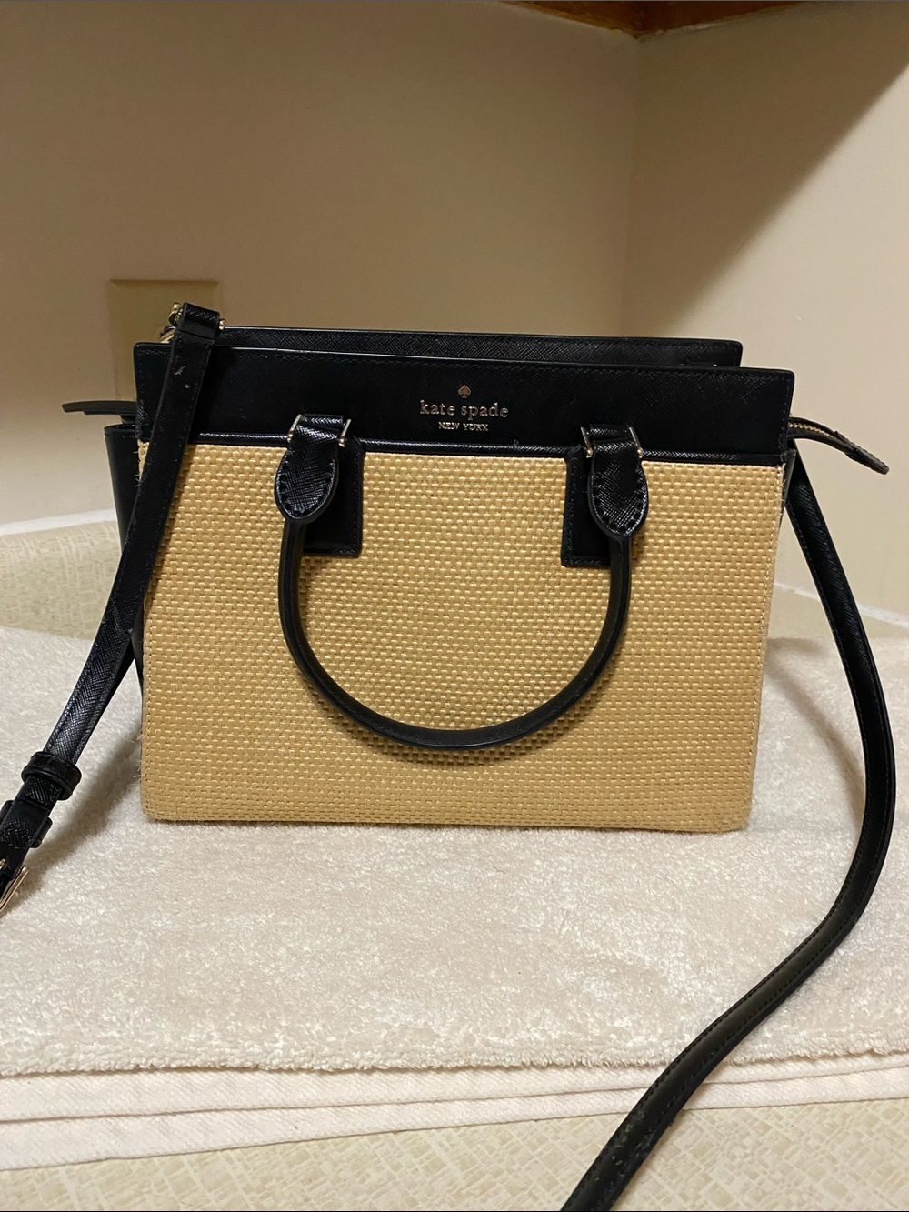 kate spade Black and Tan Straw Shoulder bag with Crossbody Strap